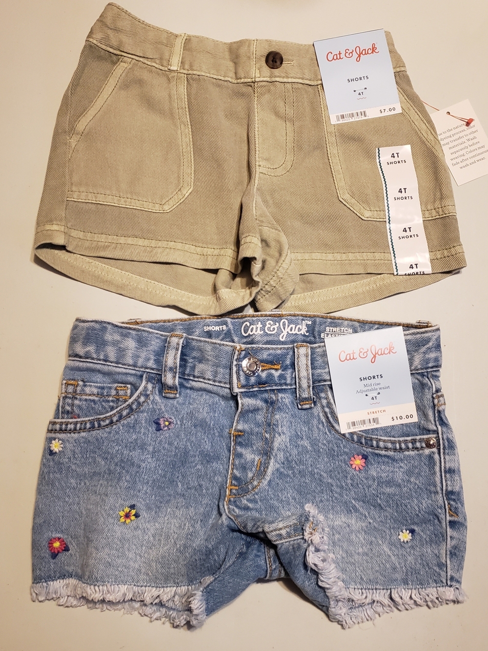 Cat & Jack Soft Olive Shorts & Light Blue Embroidered Denim Shorts